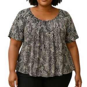 George Printed Mesh Top Elastic Scoop Neck and Waistband Black White Plus 2X